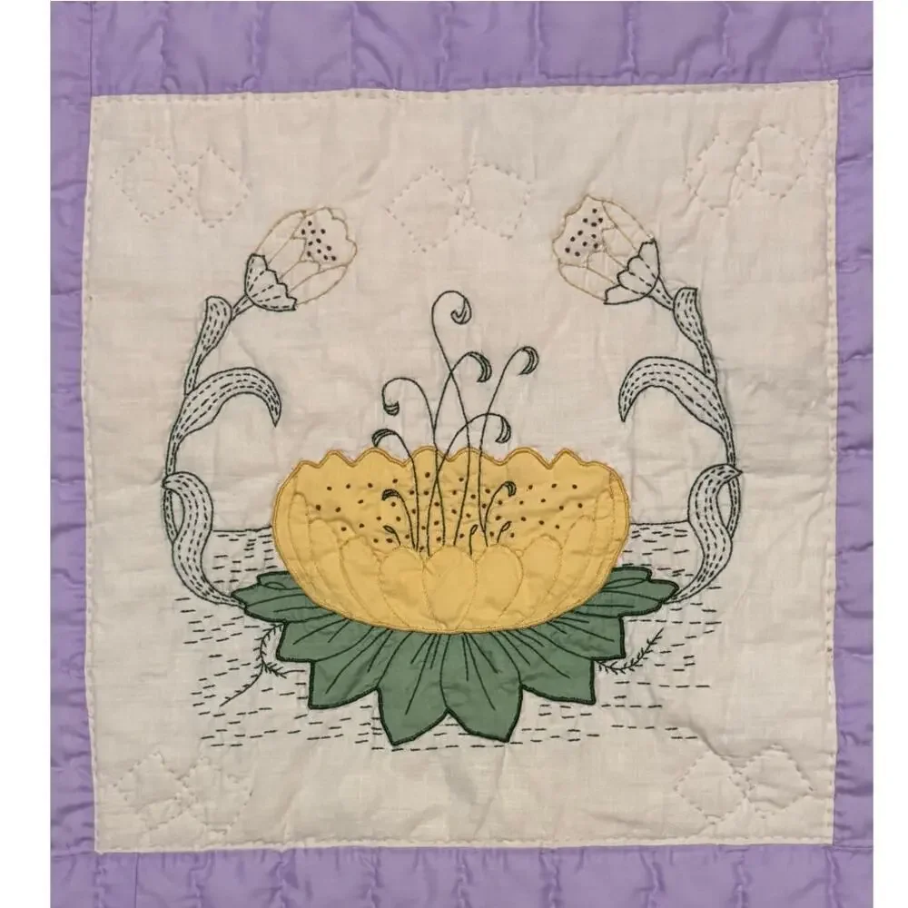 Handmade Floral Patchwork Quilt Lavender & Yellow 1970s Full/Queen 78x93